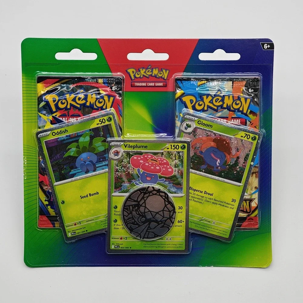 Pokemon Trading Card Came Oddish Gloom Vileplume, Coin, And Two Booster Pack New